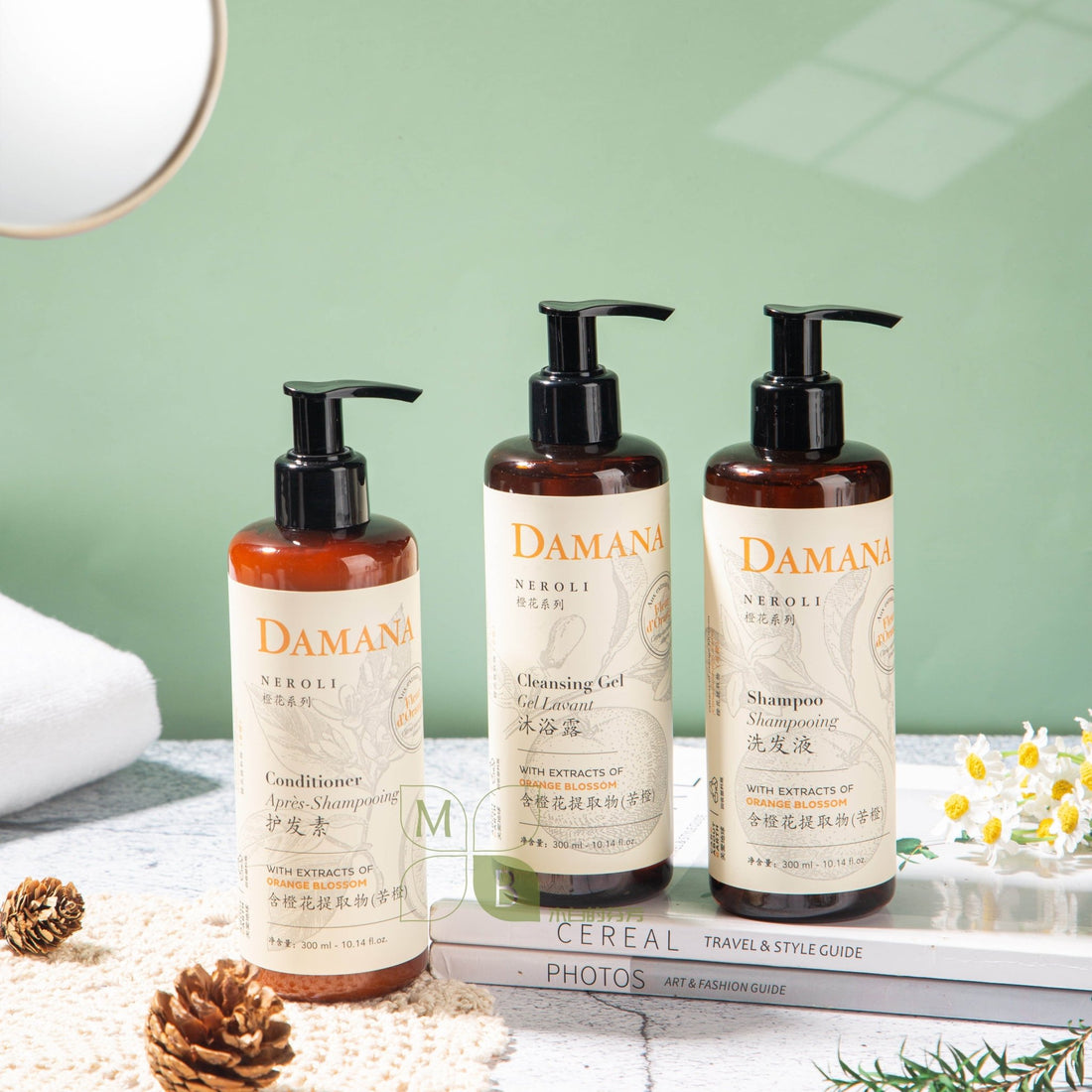 DAMANA body lotion, hotel-shampoo-conditioner