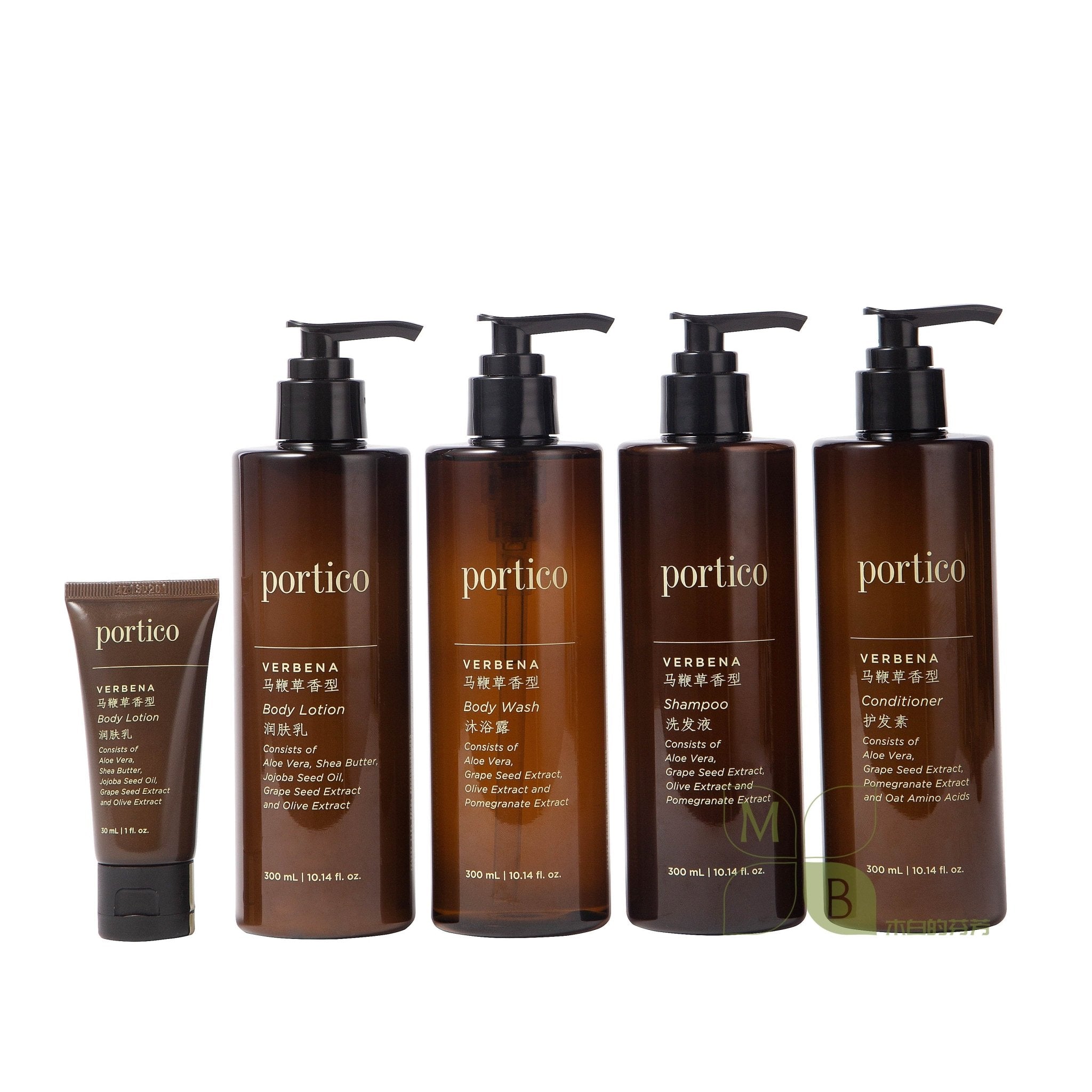 Portico body lotion, hotel-shampoo-conditioner