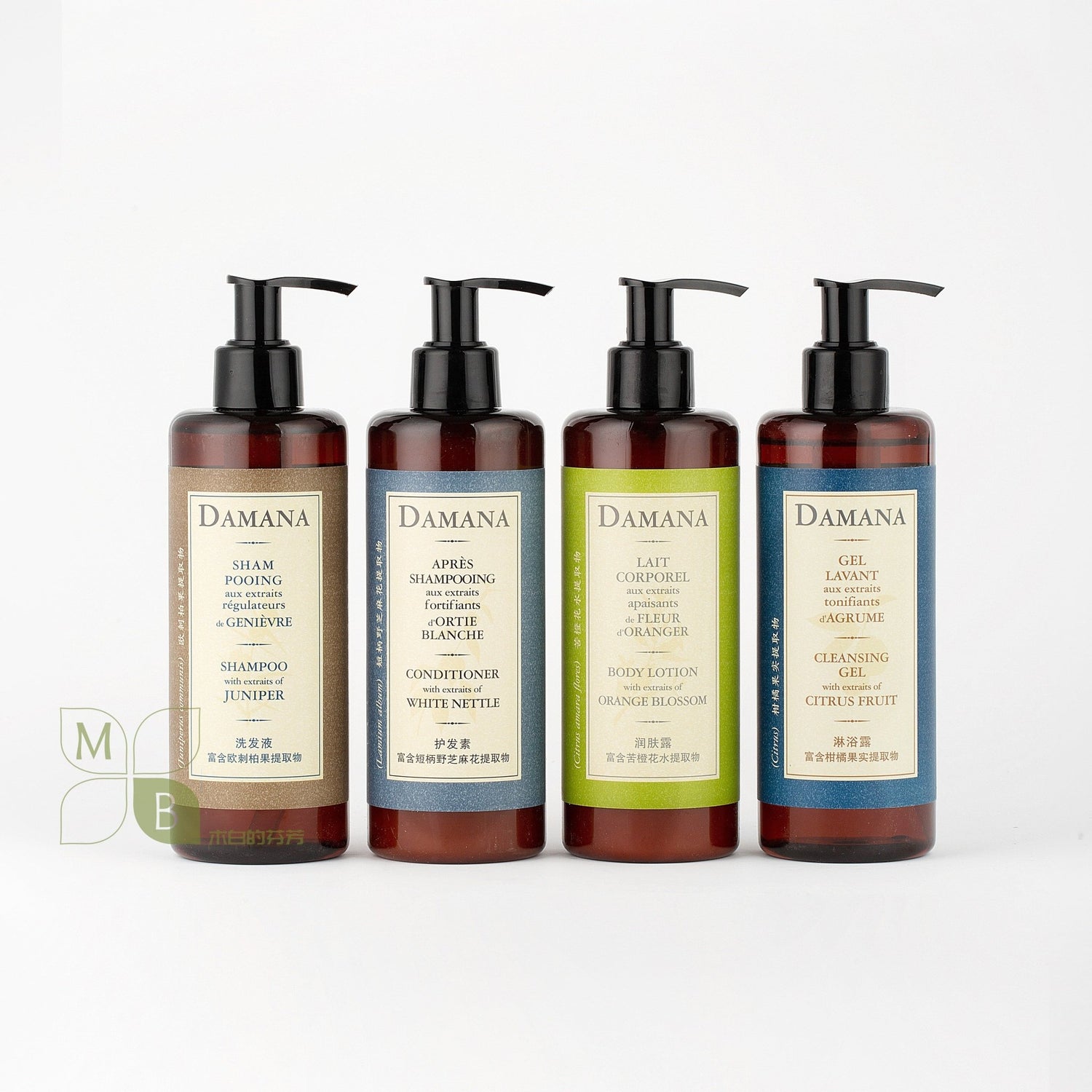 DAMANA body lotion, hotel-shampoo-conditioner