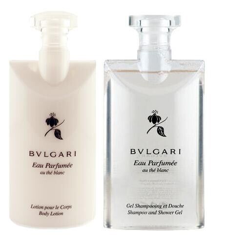 Bvlgari body lotion, hotel-shampoo-conditioner