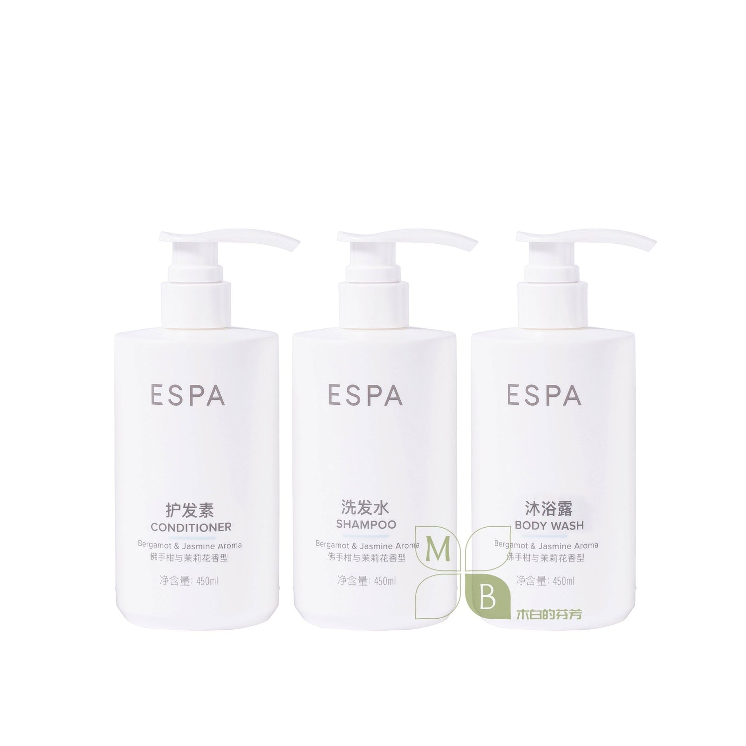 ESPA body lotion, hotel-shampoo-conditioner