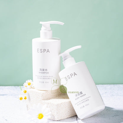 ESPA body lotion, hotel-shampoo-conditioner