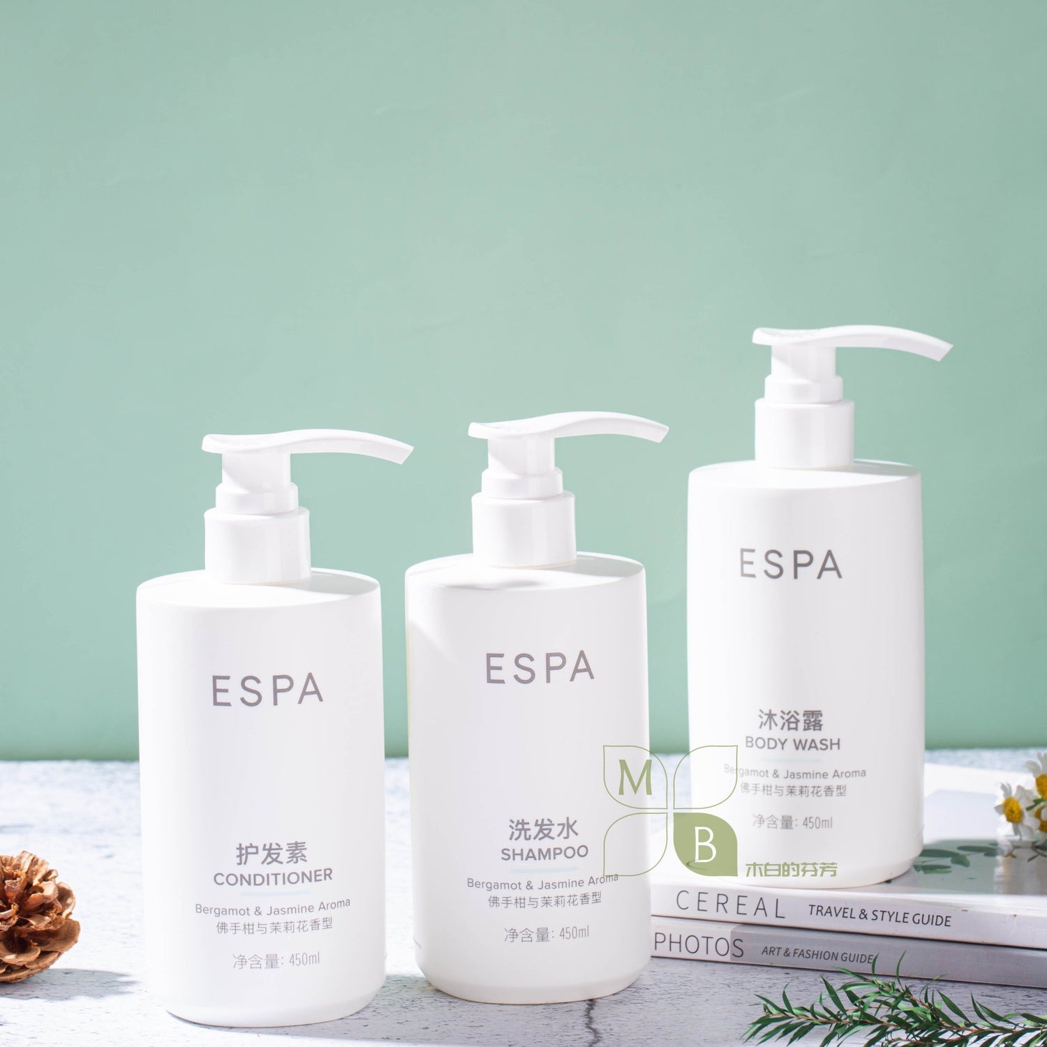 ESPA body lotion, hotel-shampoo-conditioner