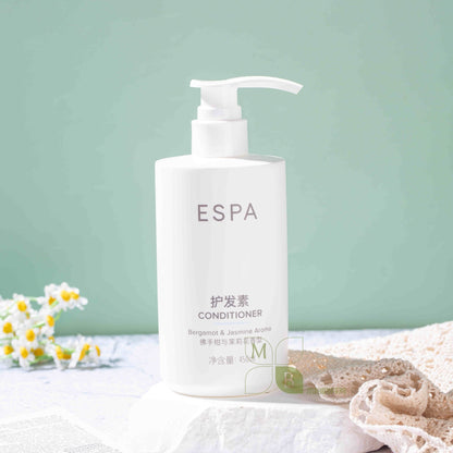 ESPA body lotion, hotel-shampoo-conditioner