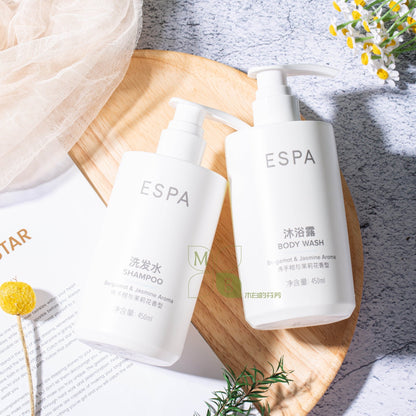 ESPA body lotion, hotel-shampoo-conditioner