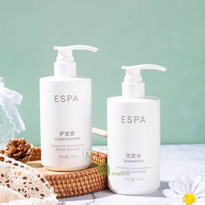 ESPA body lotion, hotel-shampoo-conditioner