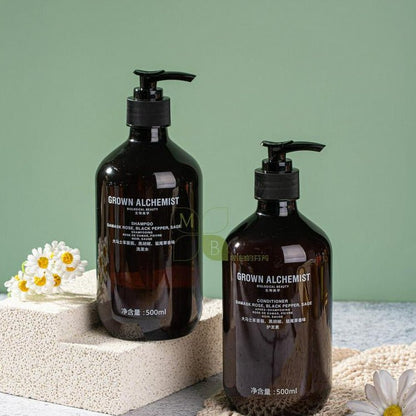 Grown Alchemist body lotion, hotel-shampoo-conditioner