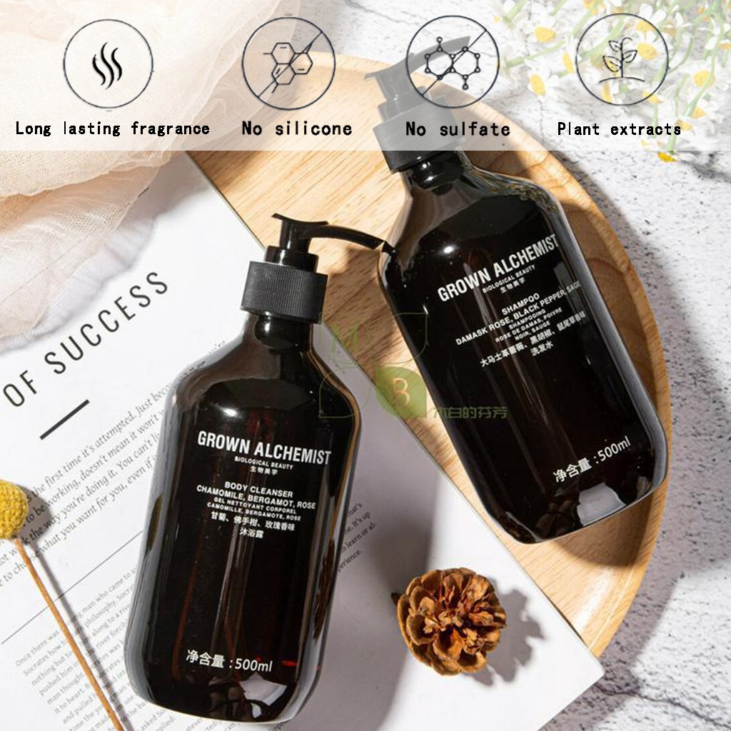 Grown Alchemist body lotion, hotel-shampoo-conditioner