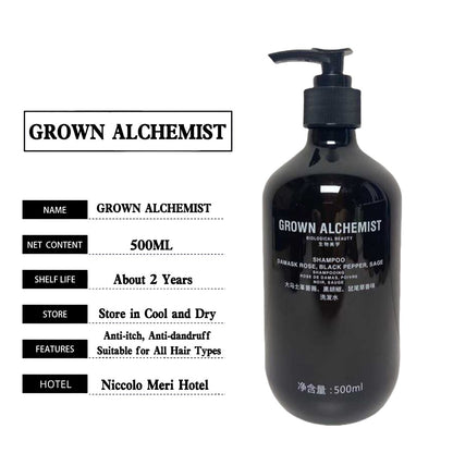 Grown Alchemist body lotion, hotel-shampoo-conditioner