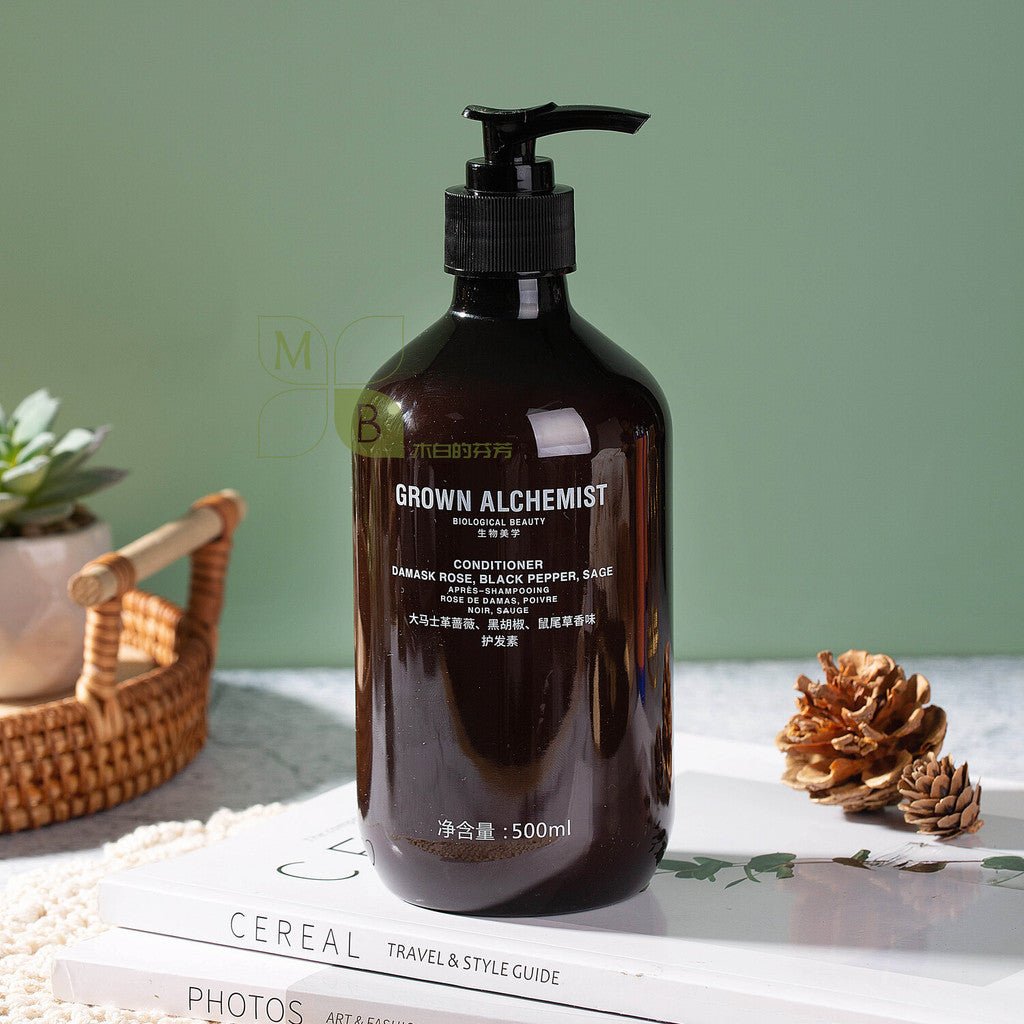 Grown Alchemist body lotion, hotel-shampoo-conditioner