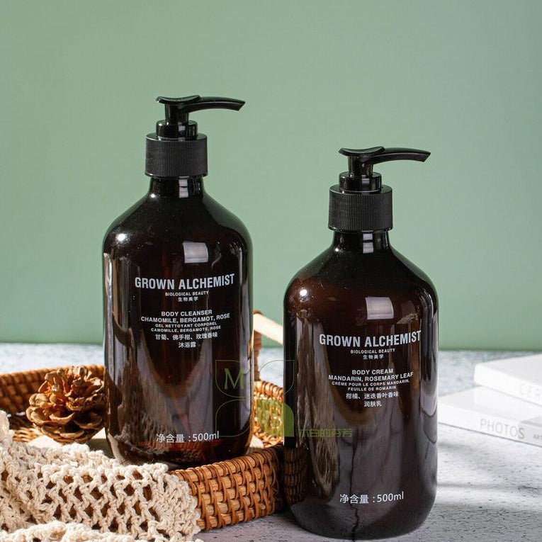 Grown Alchemist body lotion, hotel-shampoo-conditioner