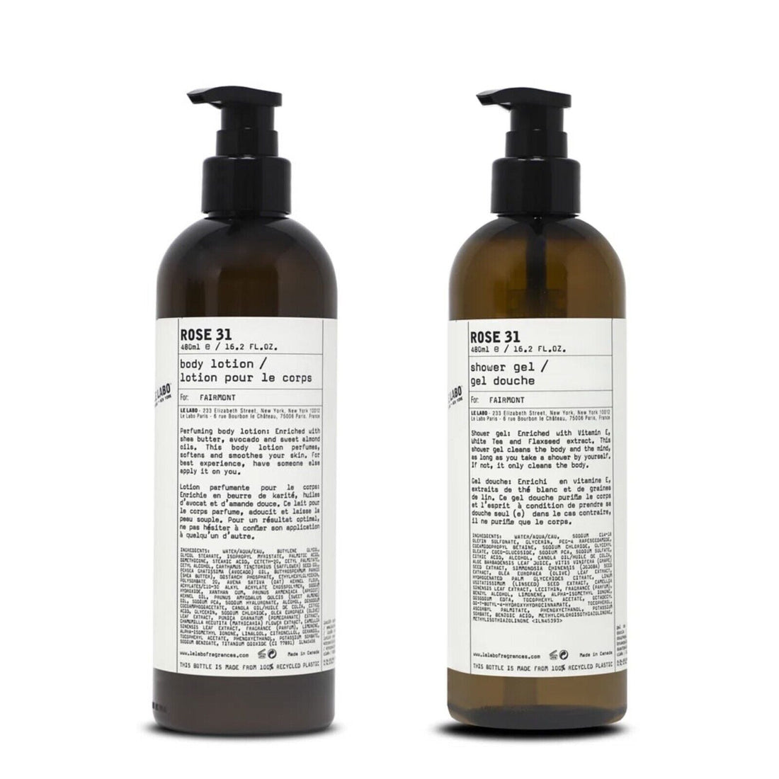 Le Labo body lotion, hotel-shampoo-conditioner